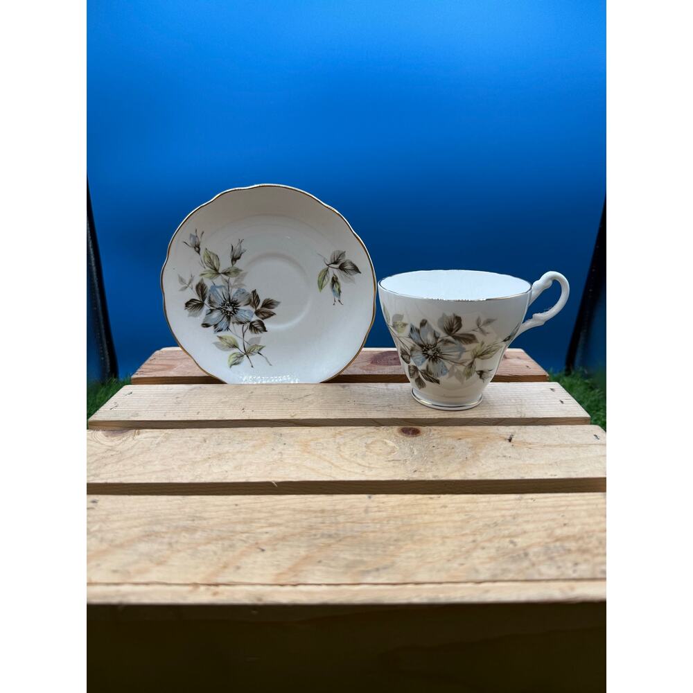 Royal Ascot England Bone China Tea Cup and Saucer - Muted Blue & Grey Floral